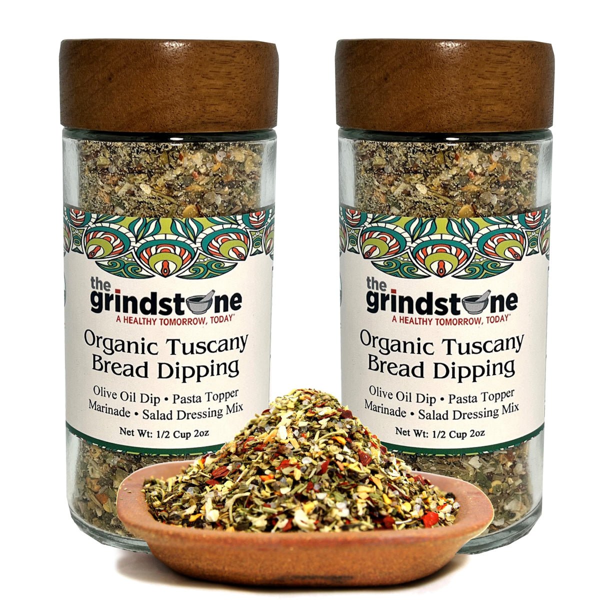 The Grindstone Organic Tuscany bread-dipping blend bottle delivers garlicky, herb-forward flavor.