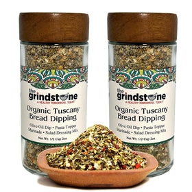 The Grindstone Organic Tuscany bread-dipping blend bottle delivers garlicky, herb-forward flavor.