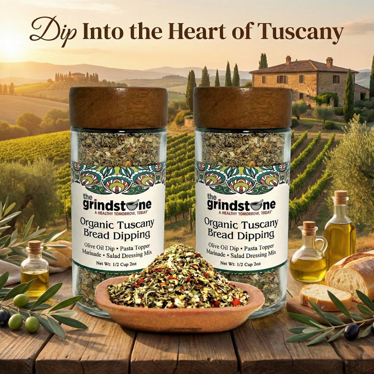 The Grindstone Organic Tuscany coarse sea salt and herbs elevate olive oil dipping.