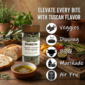 The Grindstone Organic Tuscany garlic and herb aroma enhances simple bread dipping.