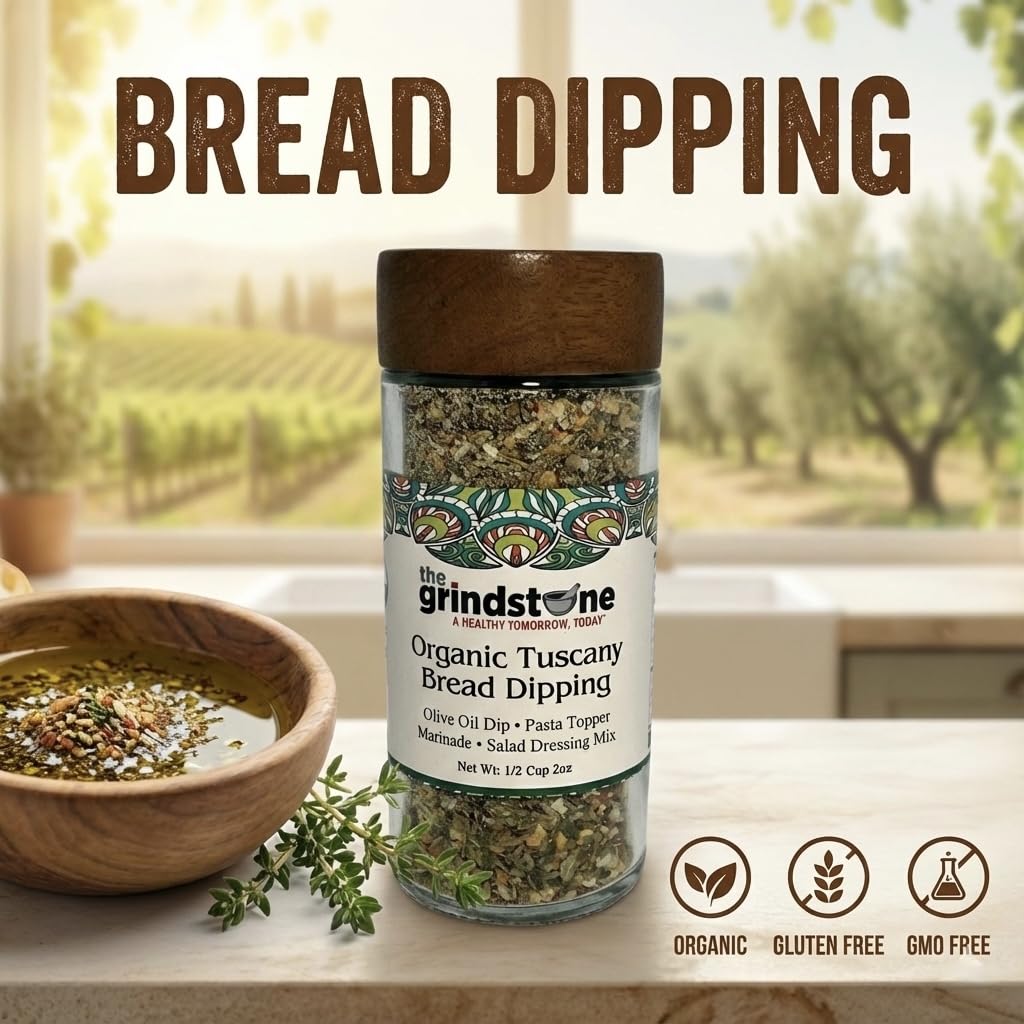 The Grindstone Organic Tuscany glass jar features an airtight seal and wooden cap.