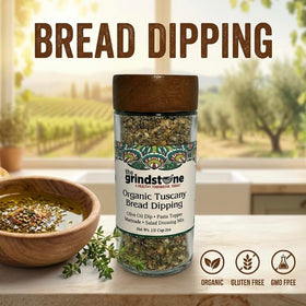 The Grindstone Organic Tuscany glass jar features an airtight seal and wooden cap.