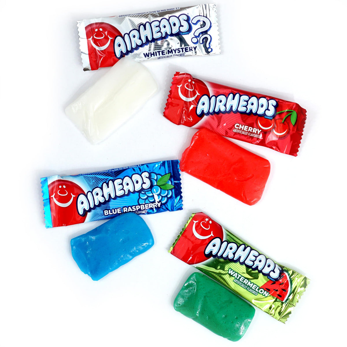 The Hampton Candy Company AirHeads Mini Bars blue raspberry flavor, vibrant chew.