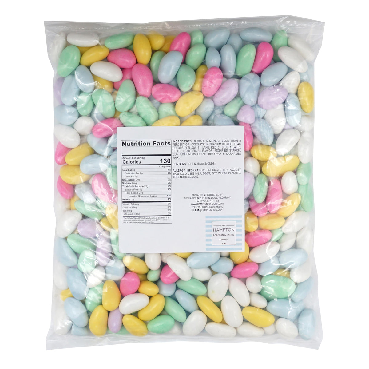 Assorted Jordan almonds in bulk with pastel candy shells, perfect for party bowls.
