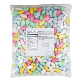 Assorted Jordan almonds in bulk with pastel candy shells, perfect for party bowls.