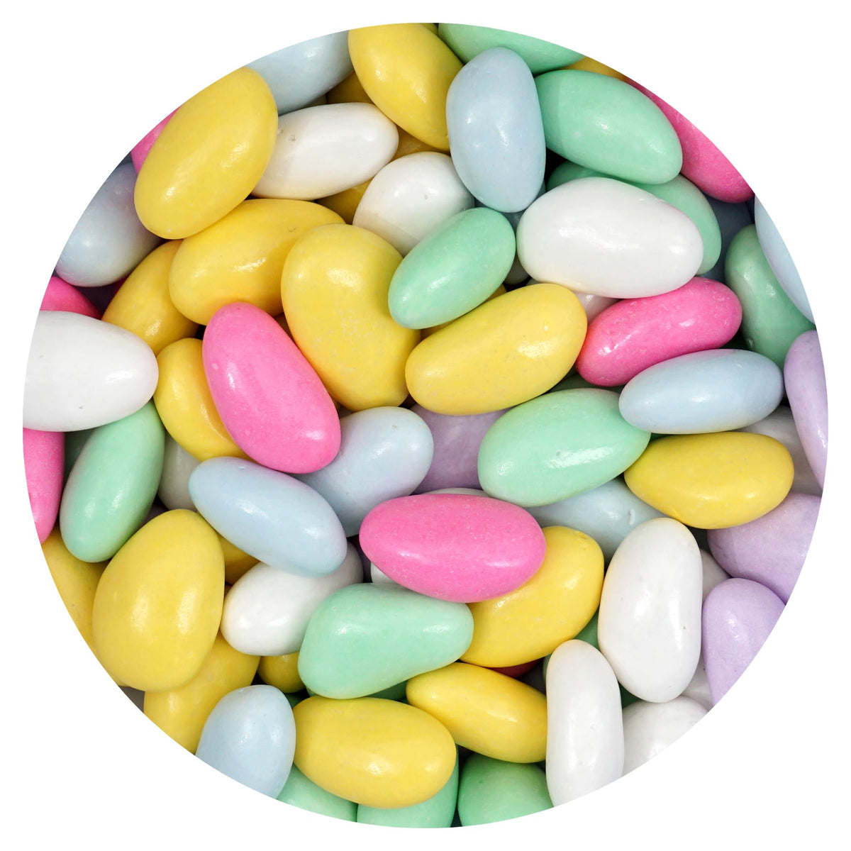 The Hampton Candy Company Jordan almonds with pastel shells, ideal for wedding favors.