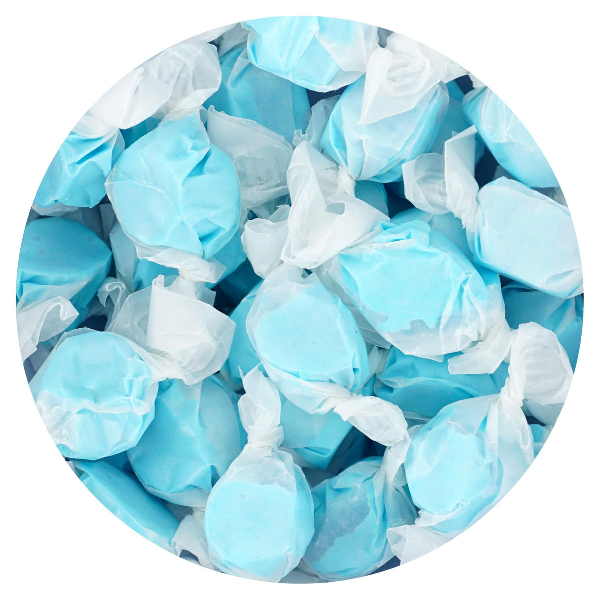 The Hampton Candy Company blue raspberry taffy bulk bag close-up, fresh and chewy, ideal for party favors.