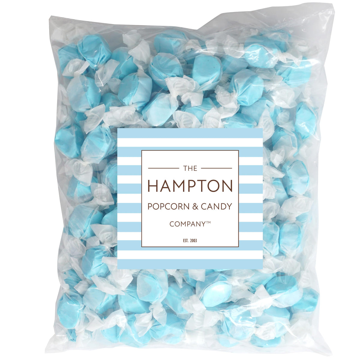 The Hampton Candy Company blue raspberry taffy individually wrapped pieces keep freshness.