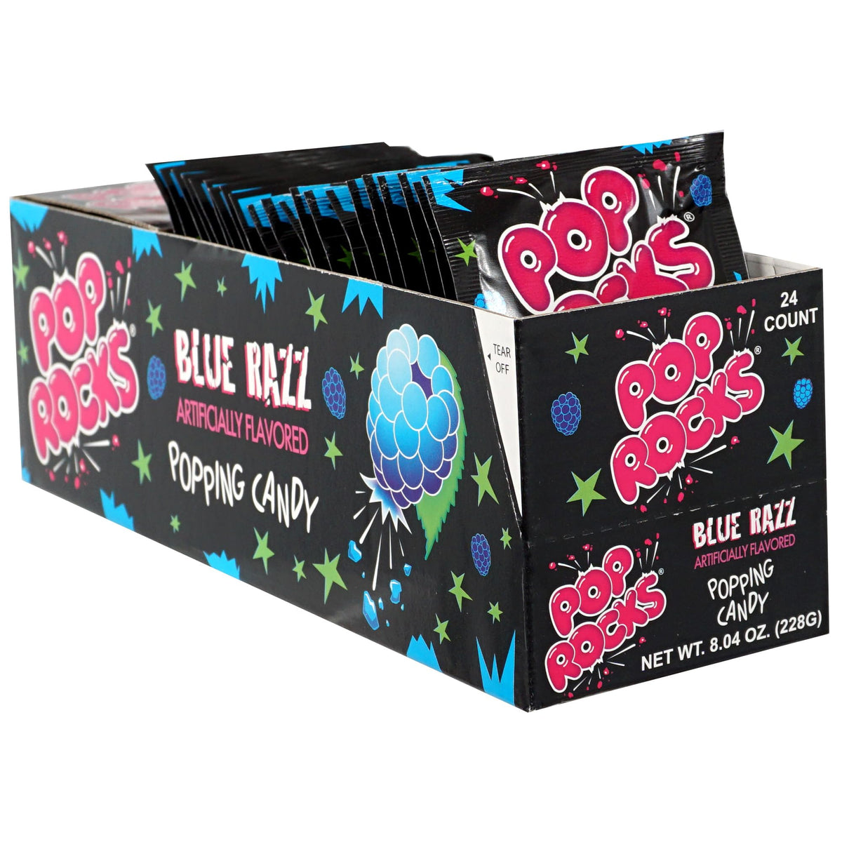 Blue Raspberry Pop Rocks on your tongue deliver a playful popping sensation for celebrations.