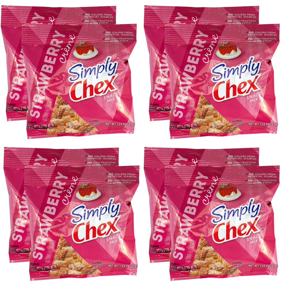 The Hampton Candy ChexMix Strawberry Yogurt bags closeup shows crunchy pieces with strawberry flavor.