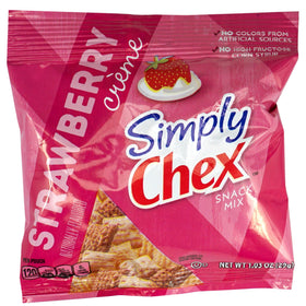 The Hampton Candy ChexMix Strawberry Yogurt bags texture closeup shows yogurt coated crunch and fruity sweetness.