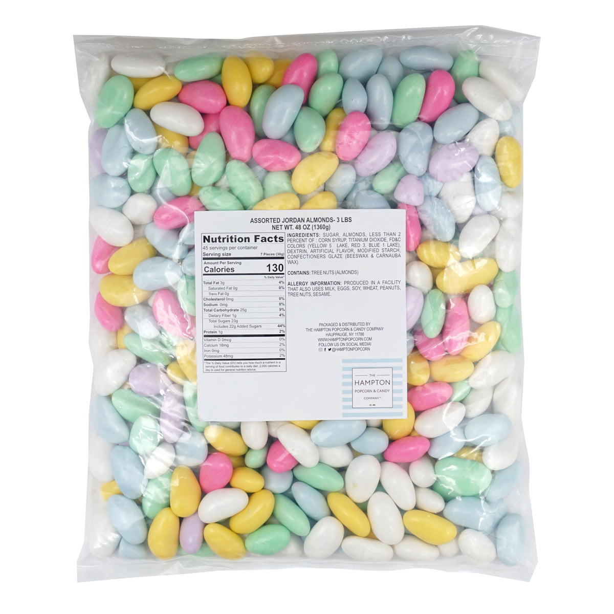 Close-up of The Hampton Candy Co Jordan almonds pastel shells with a crunchy center.