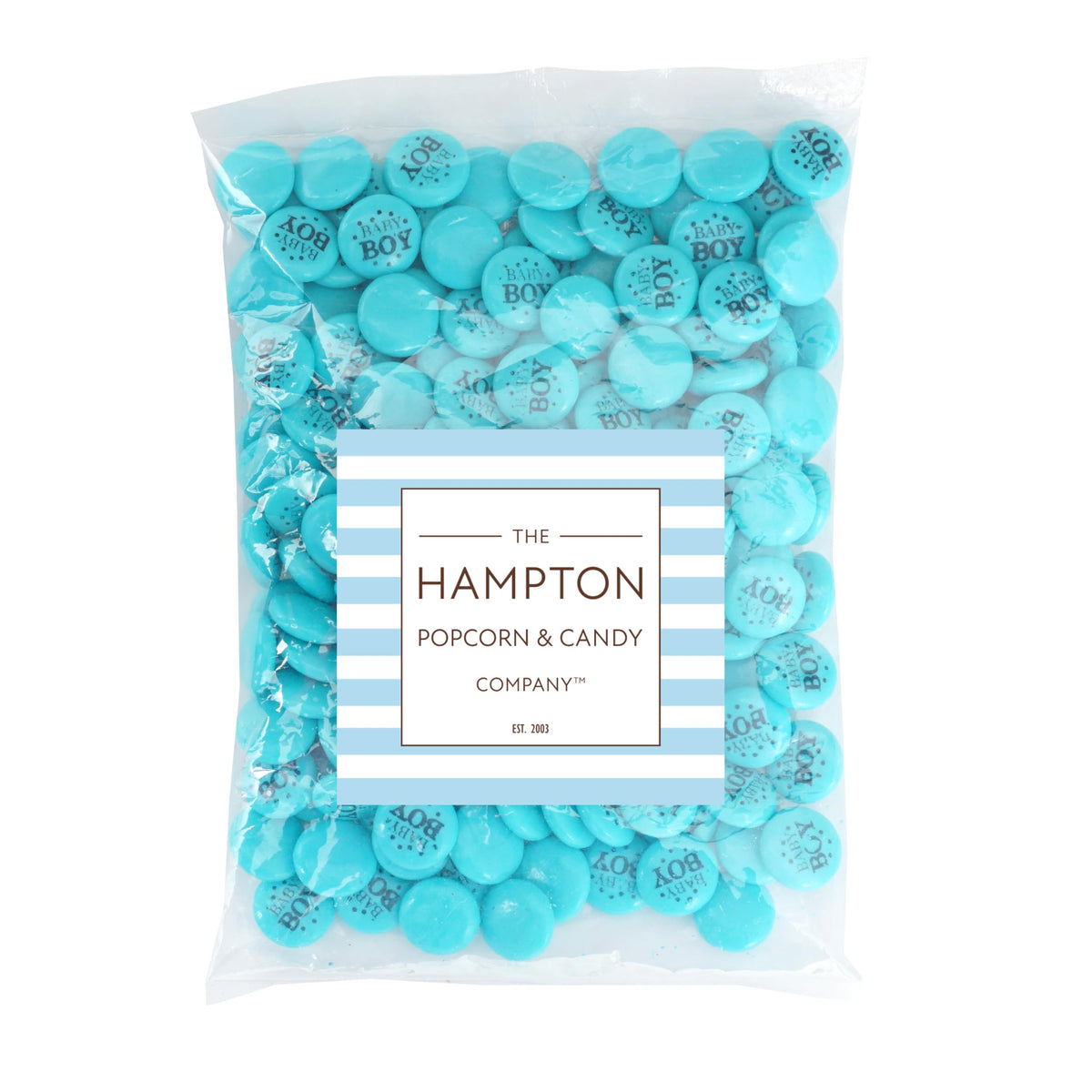 The Hampton Candy Company blue baby boy buttons on display for shower treats