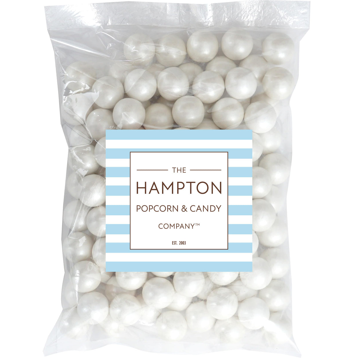 The Hampton Candy Company white shimmer gumballs used for party décor and candy stations.