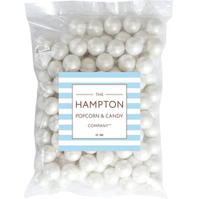 The Hampton Candy Company white shimmer gumballs used for party décor and candy stations.