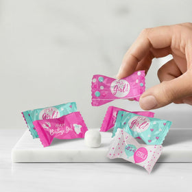 Displayed at a baby shower table, It's A Girl Buttermints add a refined sweet note.