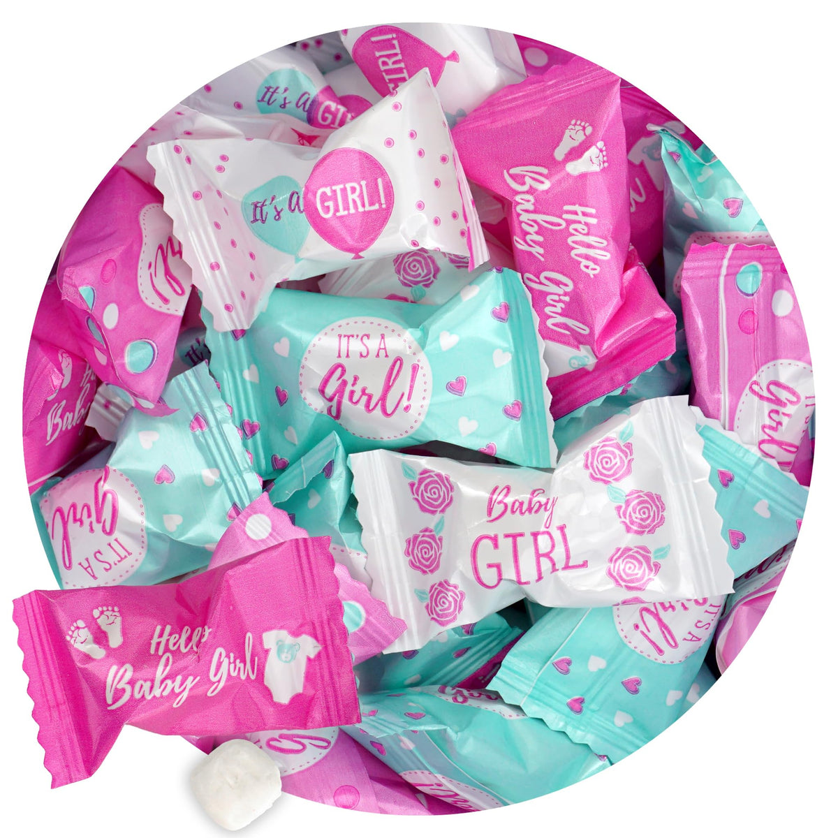 The Hampton Candy Company It's A Girl Buttermints bulk bag ready for sharing at a baby shower.