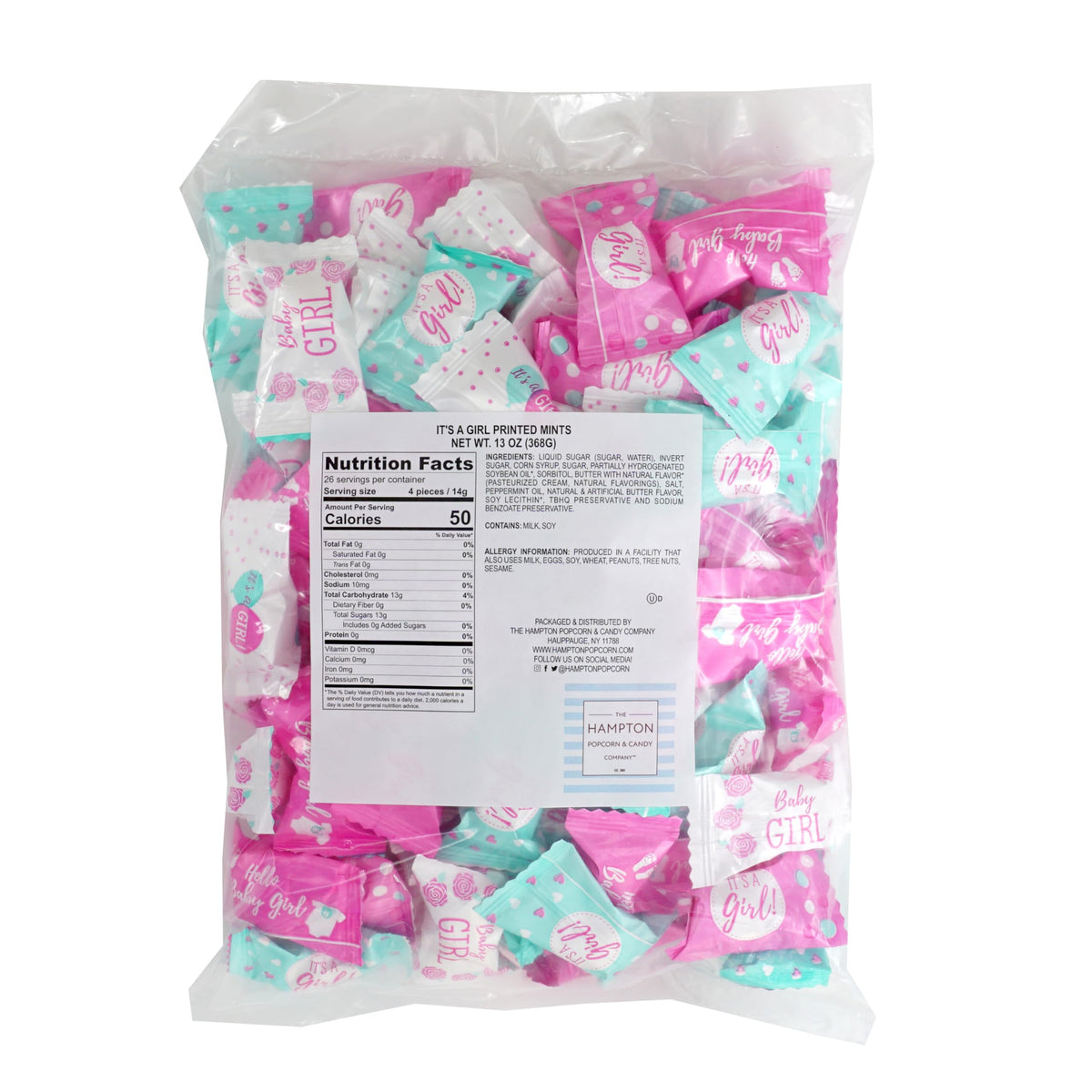 Packaging closeup of It's A Girl Buttermints showing the individually wrapped mints.