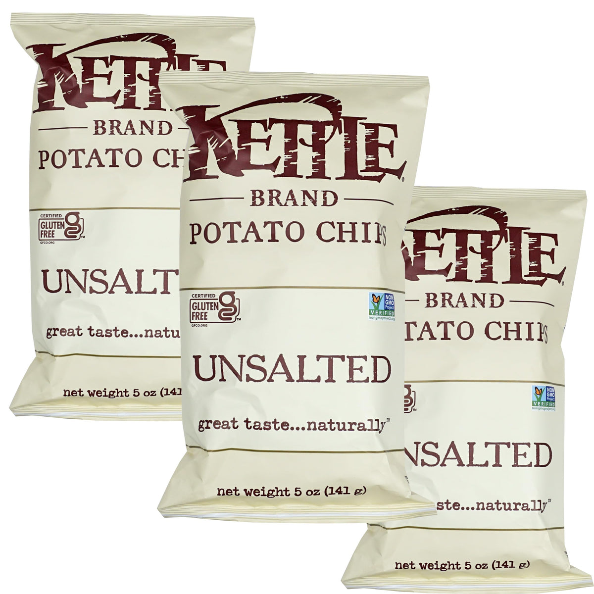 The Hampton Candy Company unsalted kettle potato chips in a bag close-up, delivering a crisp bite.