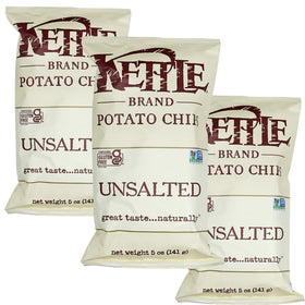 The Hampton Candy Company unsalted kettle potato chips in a bag close-up, delivering a crisp bite.