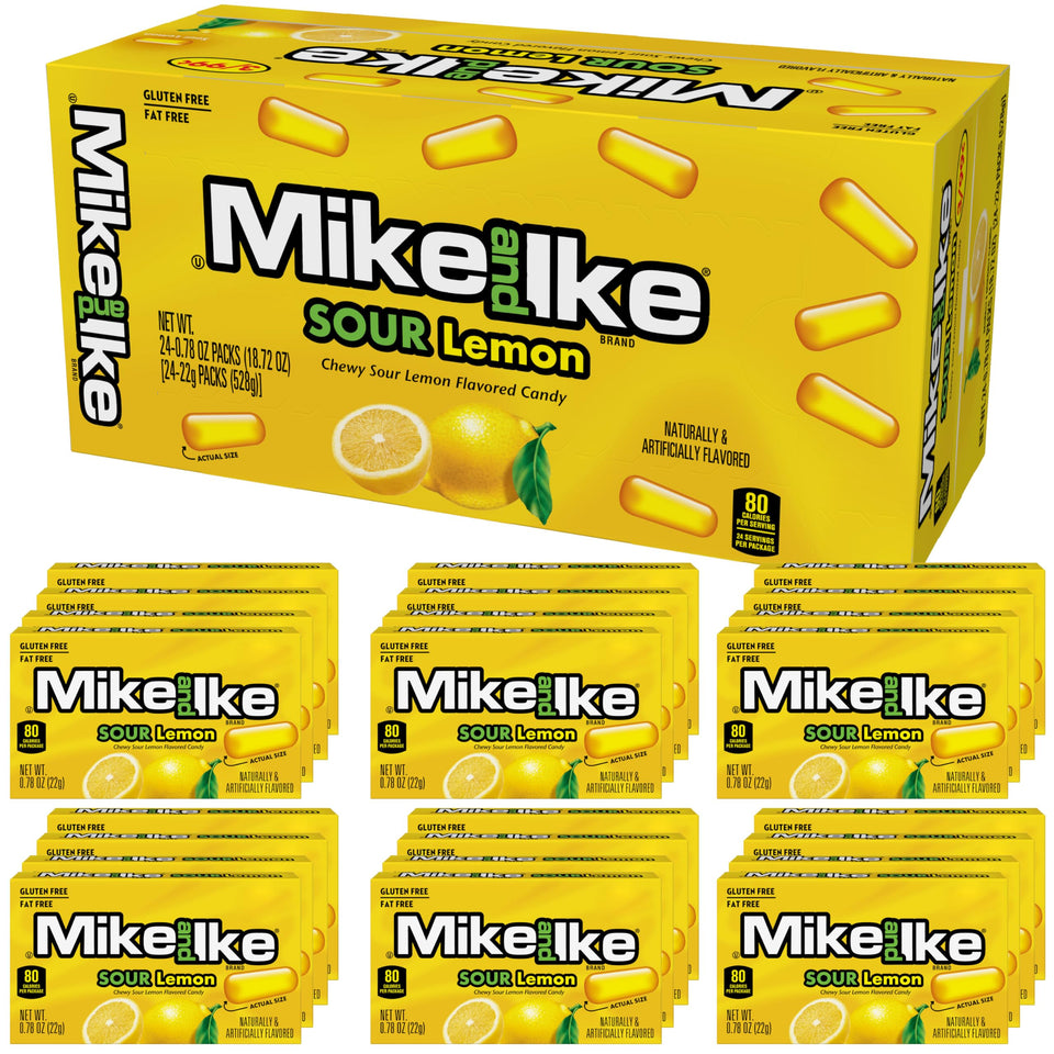 Mike and Ike Sour Lemon box front by The Hampton Candy Company, tangy flavor ideal for sharing.