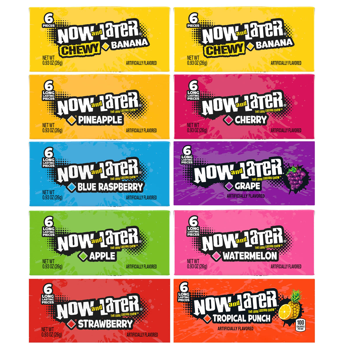 The Hampton Candy Company Now and Later taaffy assorted flavors display a colorful fruit blend.