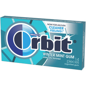 Orbit gum variety six-pack flavor display shows mint and strawberry options.