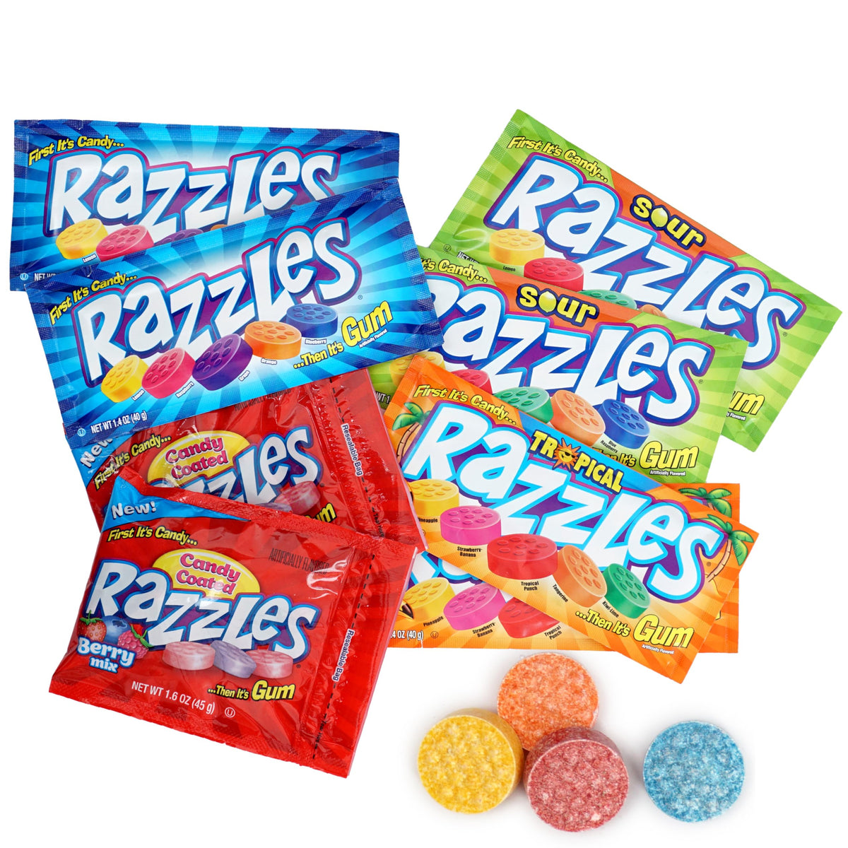 The Hampton Candy Company Razzles Tropical Pack: colorful flavor burst and long-lasting gum after the shell.