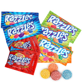 The Hampton Candy Company Razzles Tropical Pack: colorful flavor burst and long-lasting gum after the shell.