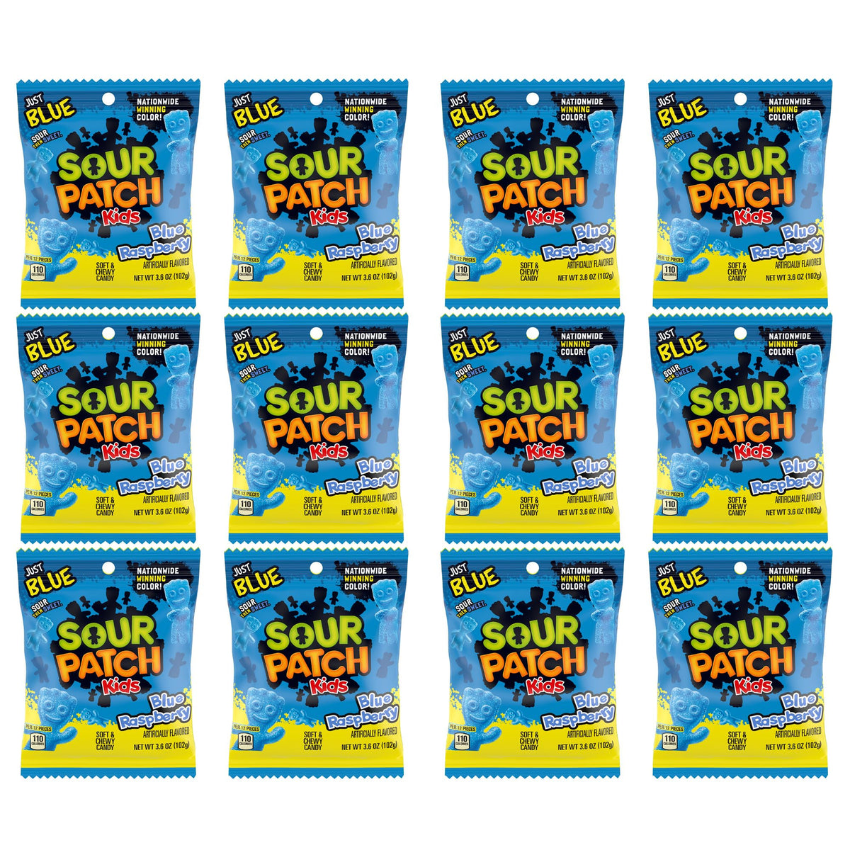 The Hampton Candy Company Sour Patch Kids Blue Raspberry 12-pack front view, ideal for sharing.