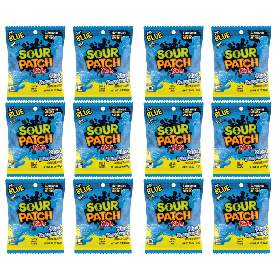 The Hampton Candy Company Sour Patch Kids Blue Raspberry 12-pack front view, ideal for sharing.