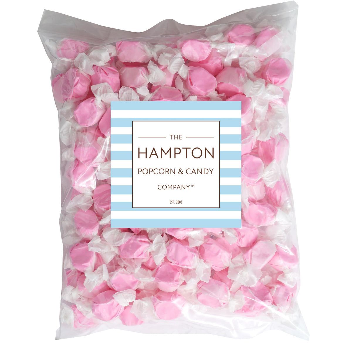 Strawberry pink taffy pieces, individually wrapped for freshness and easy gifting.