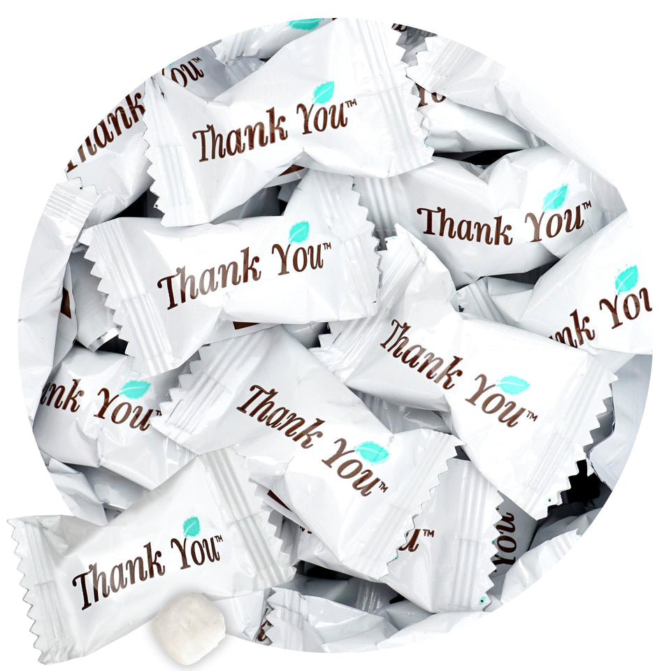 The Hampton Candy Company Thank You Buttermints 1lb bag on a table, ideal for events.