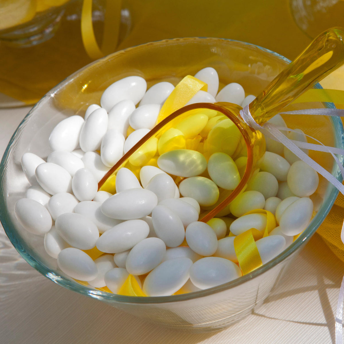 Close-up of The Hampton Candy Company White Jordan Almonds white shell and glossy finish.