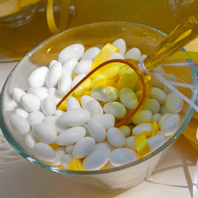 Close-up of The Hampton Candy Company White Jordan Almonds white shell and glossy finish.