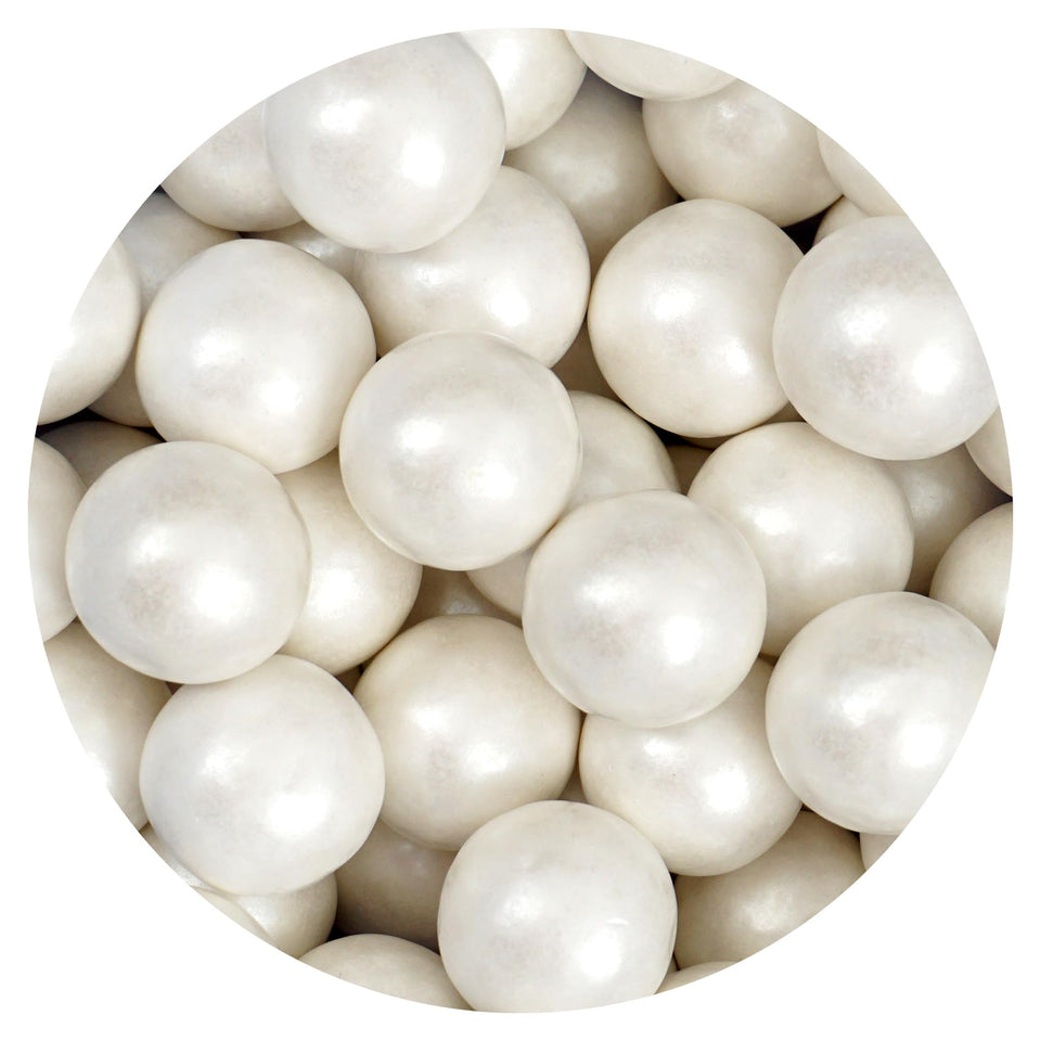 The Hampton Candy Company white shimmer gumballs, 1 inch, bulk bag for restocking dispensers.