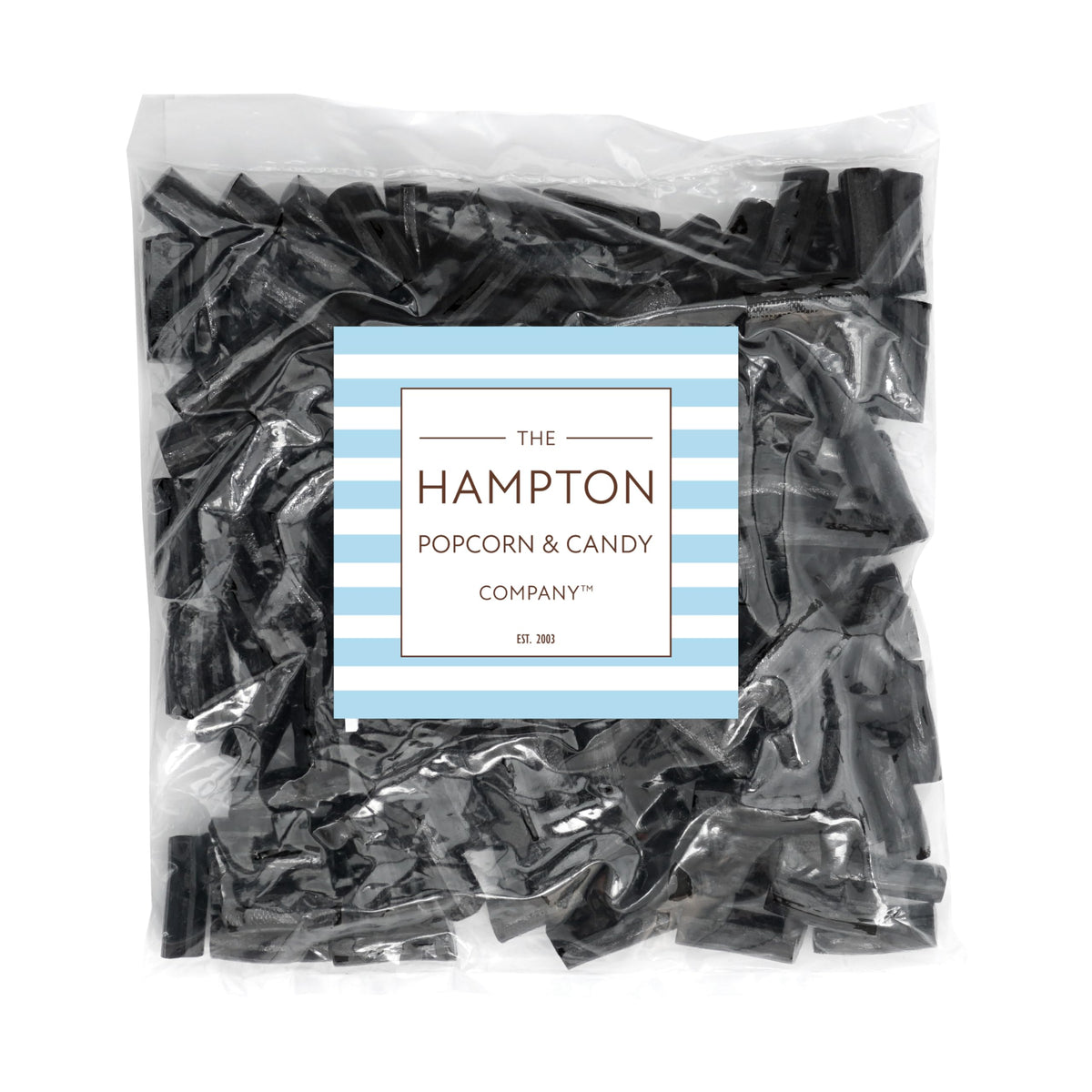 The Hampton Candy Finnska licorice close-up texture highlights chewy, satisfying bite for licorice lovers.