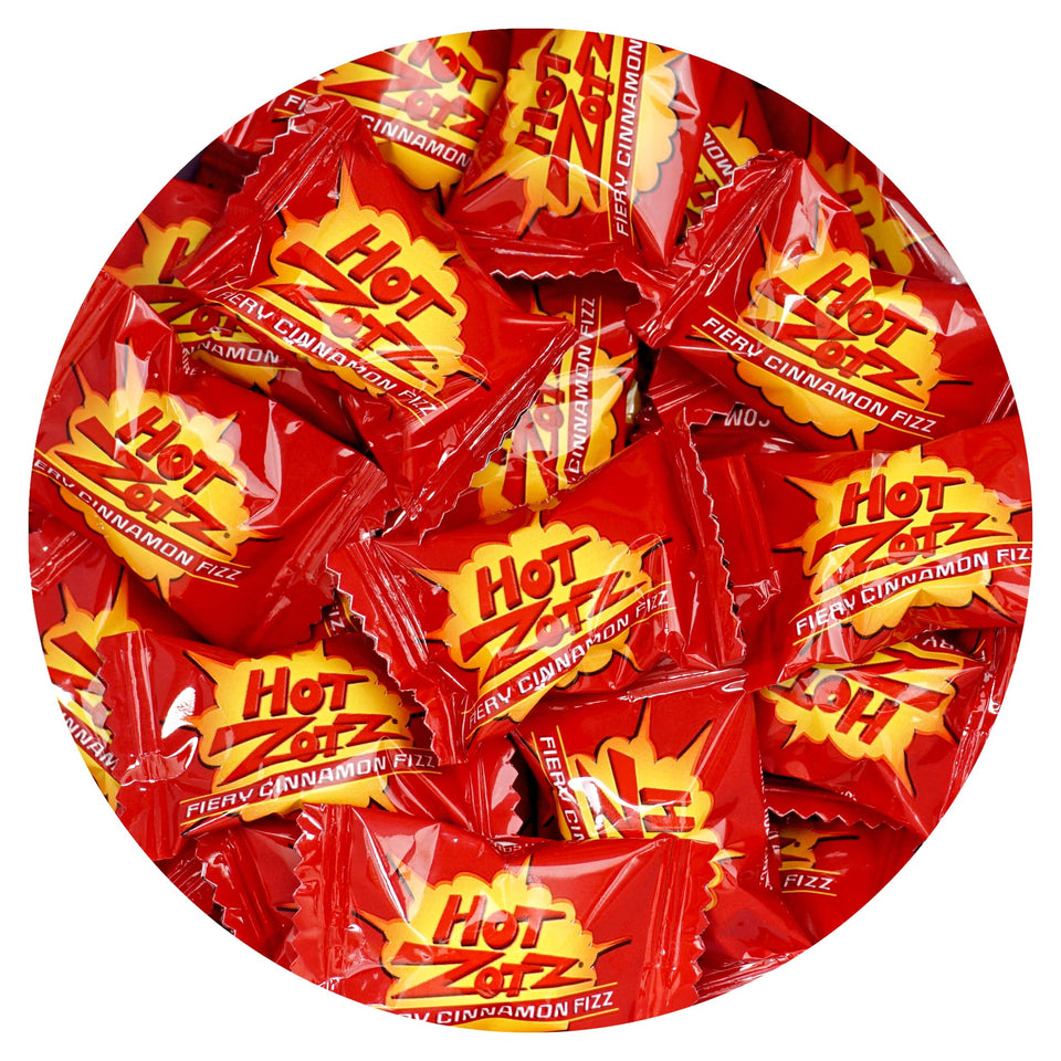 The Hampton Candy Company Hot Zotz Fiery Cinnamon Fizz bulk bag for party-sized candy.