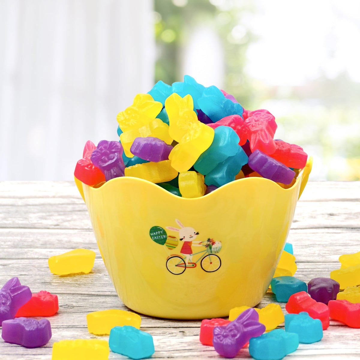 Vibrant Easter bunny shapes brighten baskets and tables.