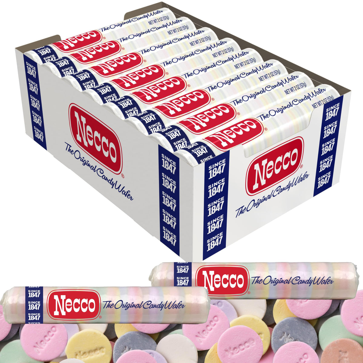 Assorted Necco Wafers flavors on display, perfect for party favor tables.