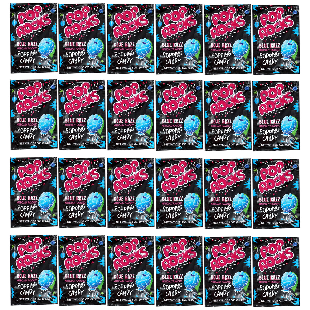 The Hampton Candy Company Pop Rocks Blue Razz 24-pack crackles with fruity flavor for parties.