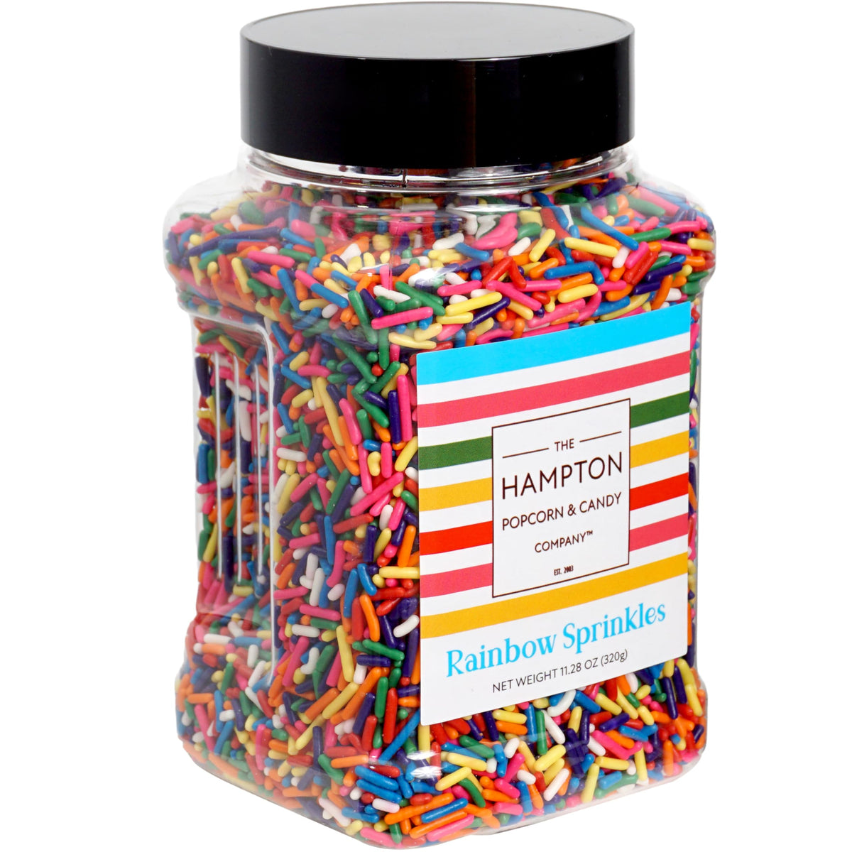 The Hampton Candy Company rainbow sprinkles jar adds vibrant color to desserts.