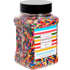 The Hampton Candy Company rainbow sprinkles jar adds vibrant color to desserts.