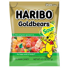 Close-up of Sour Gold Bears gummies with tangy sugar crystals