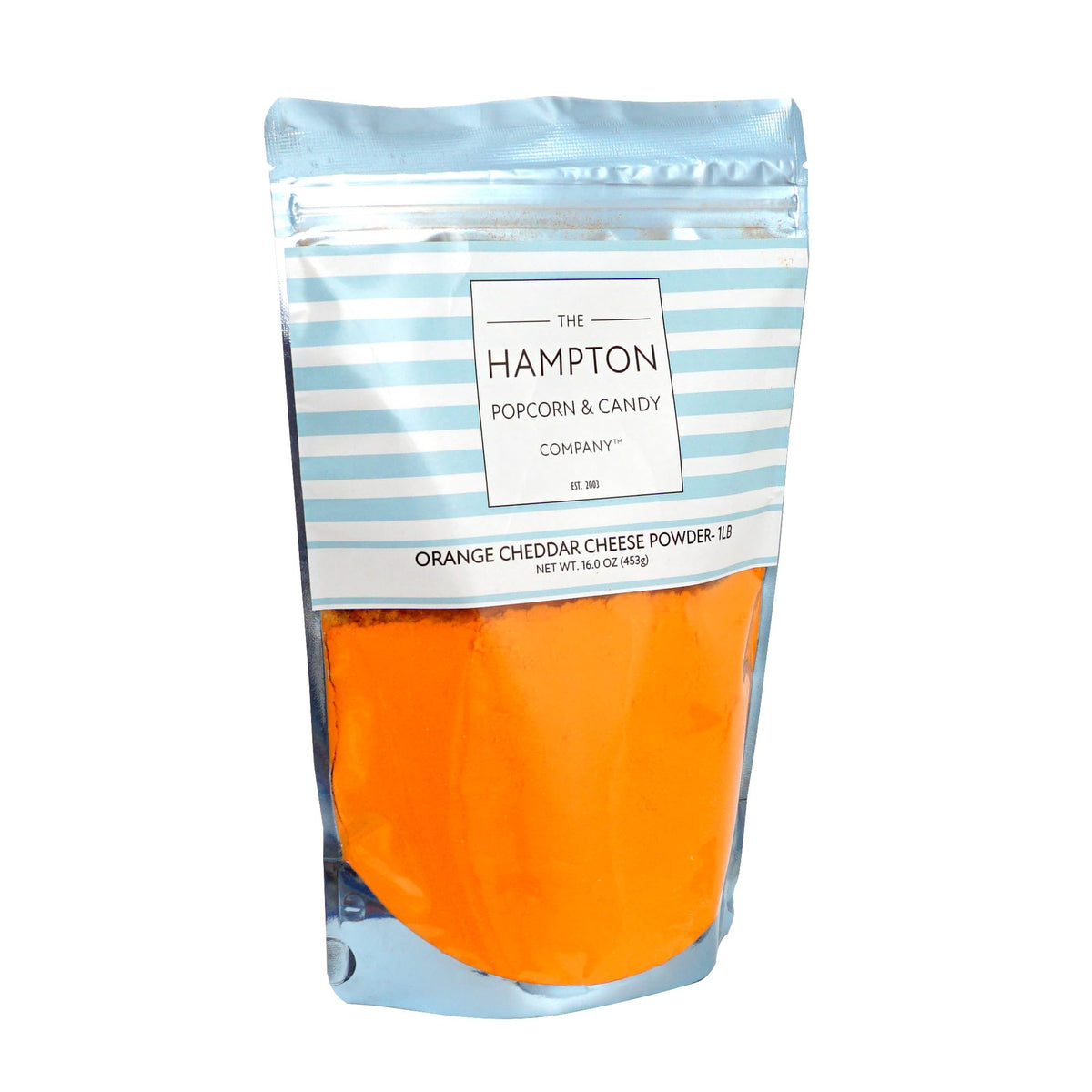 The Hampton Popcorn Company cheddar cheese powder in a 1-lb resealable bag for easy use.