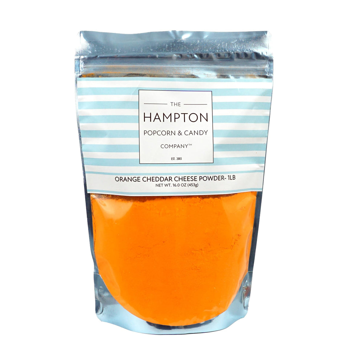 The Hampton Popcorn Company cheddar cheese powder packaging close-up showing rich color and texture.