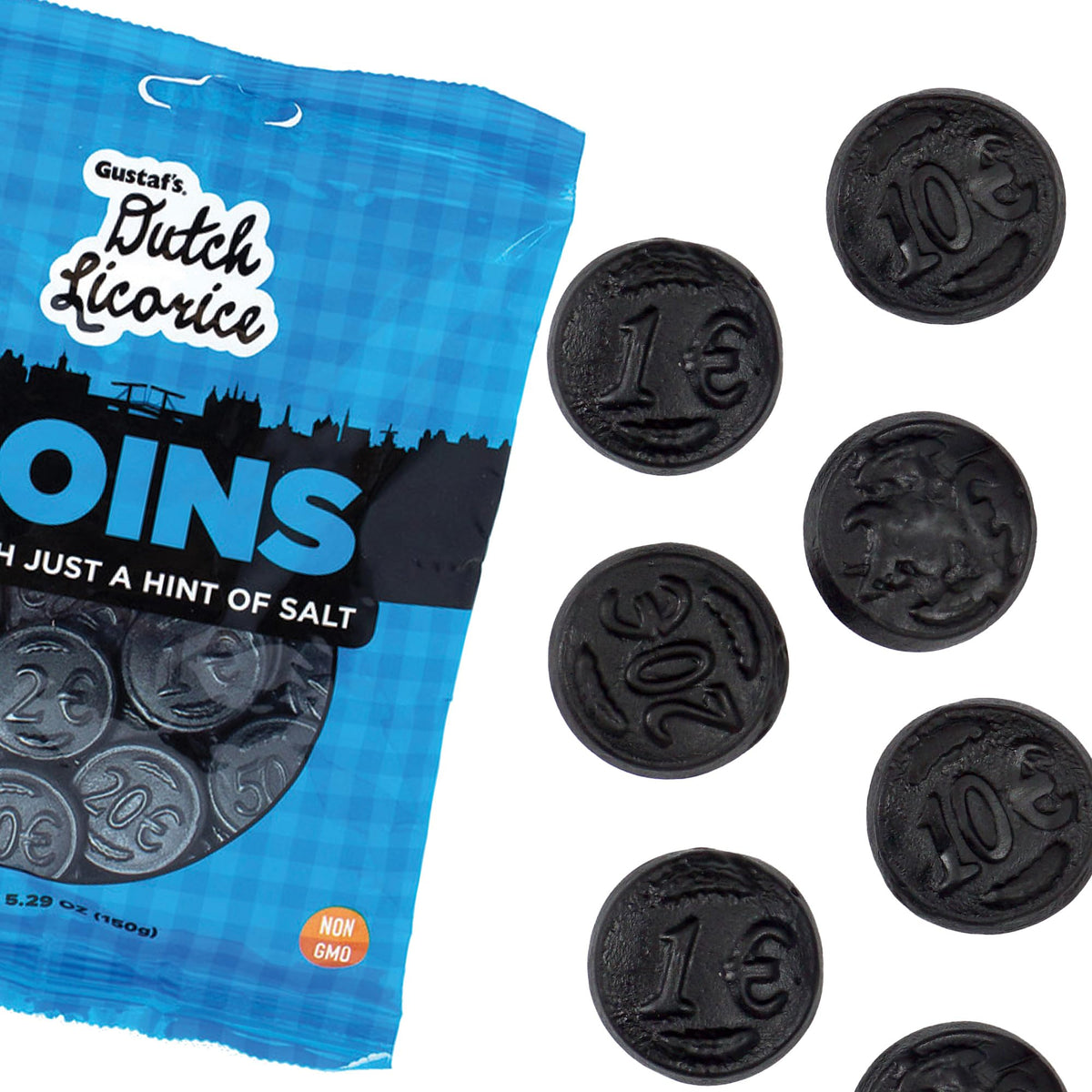 The Hampton Candy Company Dutch Licorice Coins 5.29 oz bags highlight firm chew and salted flavor.