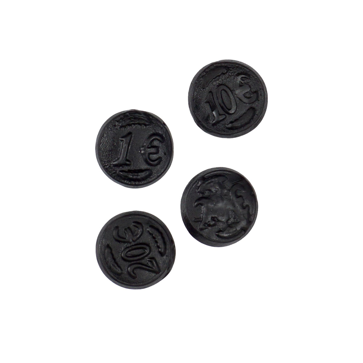 The Hampton Candy Company Dutch Licorice Coins hands-held display for snacks.