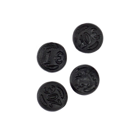 The Hampton Candy Company Dutch Licorice Coins hands-held display for snacks.