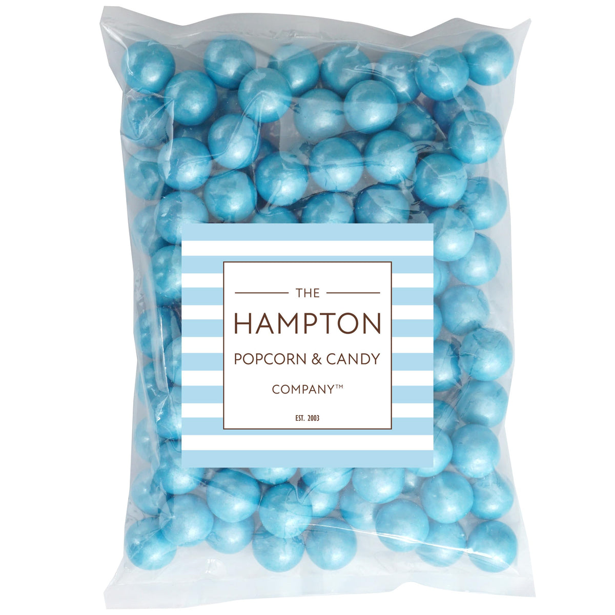 The Hampton Light Blue Shimmer Gumballs bulk bag ready for restocking candy dispensers